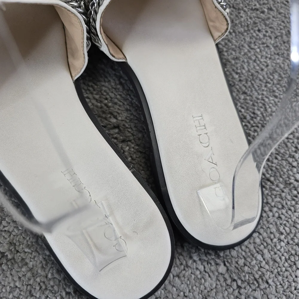 Coach Hayden Flat Sandal Womens Size 8 Beige Leather Silver Chain Slide G3978